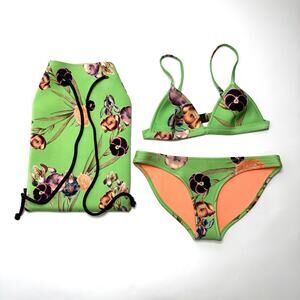 Triangl Neoprene Bikini Swimsuit Kelly Green Floral 2pc Bathing Suit S/M And Bag